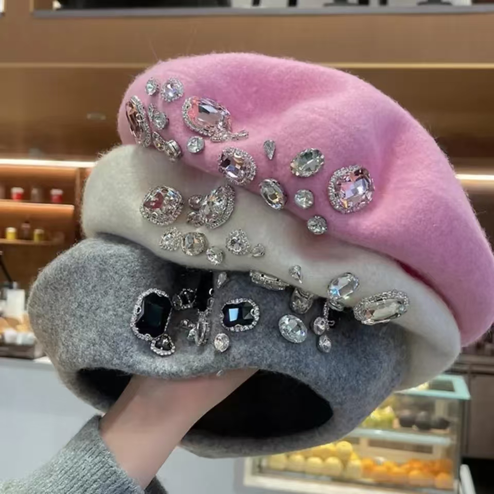 French Beret Thick Rhinestone  - Beret French Wool ulasan dan harga
