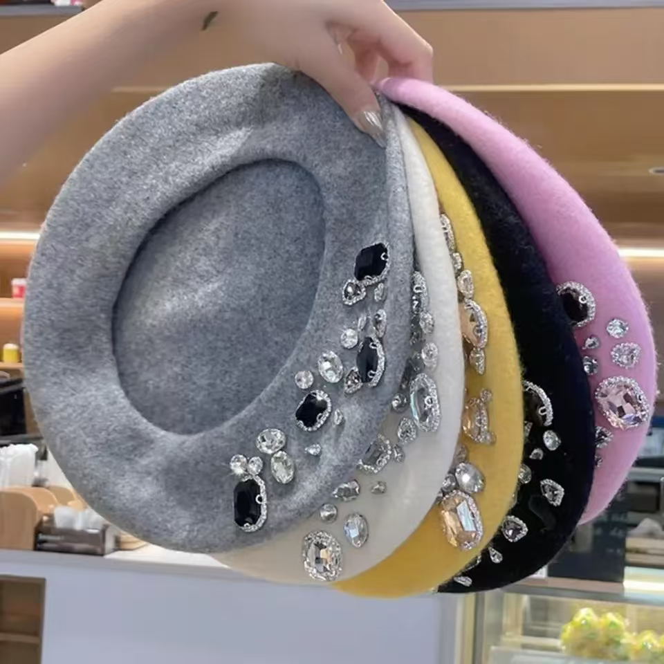 French Beret Thick Rhinestone  - Beret French Wool ulasan dan harga
