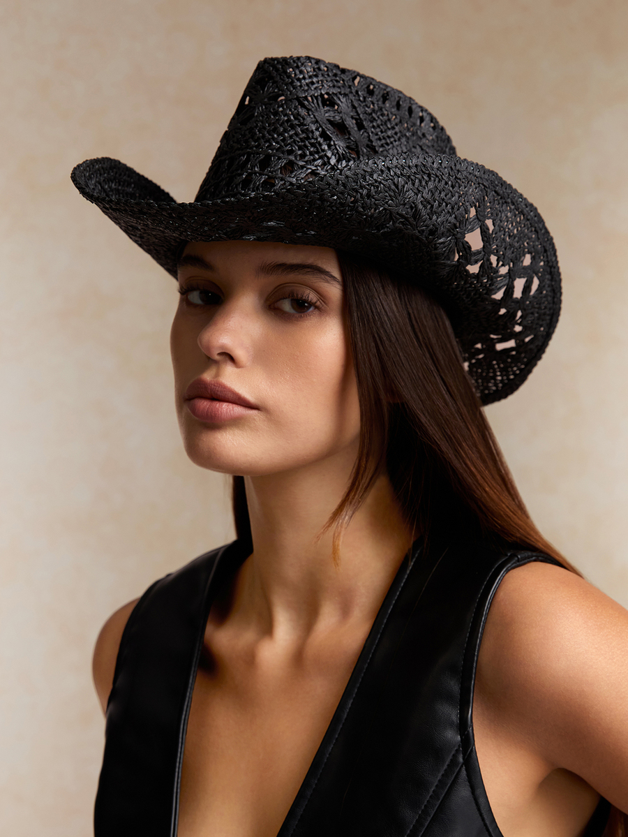 Black Woven Hollow-Out Boho Co - Cowboy Hat Straw ulasan dan harga