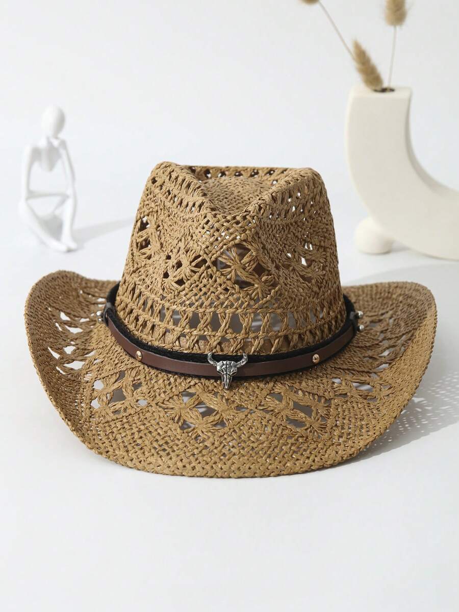 Unisex Cattle Head Decor Cowbo - Cowboy Hat Straw ulasan dan harga