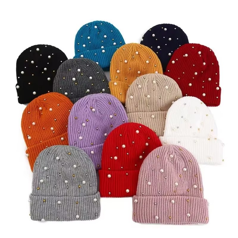 Women's Winter Faux Pearl Embe - Beanie Cuffed Knit ulasan dan harga